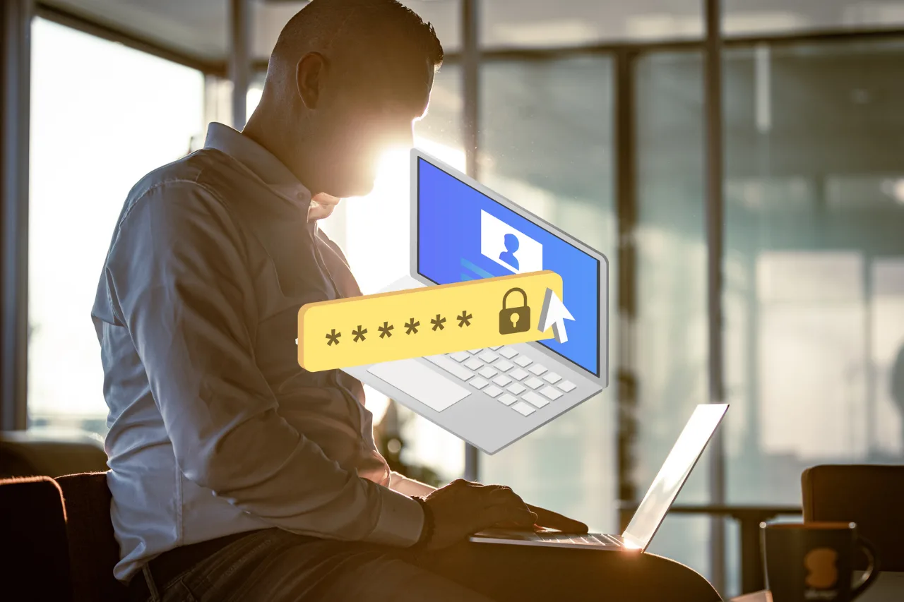 Developer logt veilig in via beveiligd wachtwoordscherm op laptop, met digitale slot-animatie