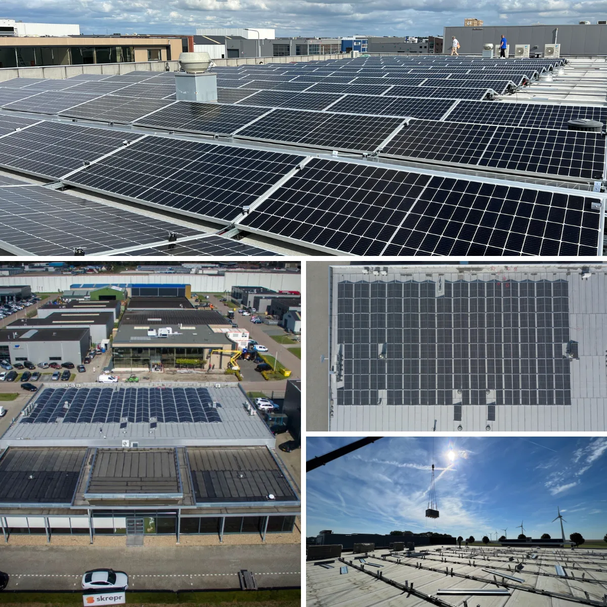Installatieteam plaatst grote zonnepaneleninstallatie op bedrijfsdaken, met kraan en windmolens op de achtergrond