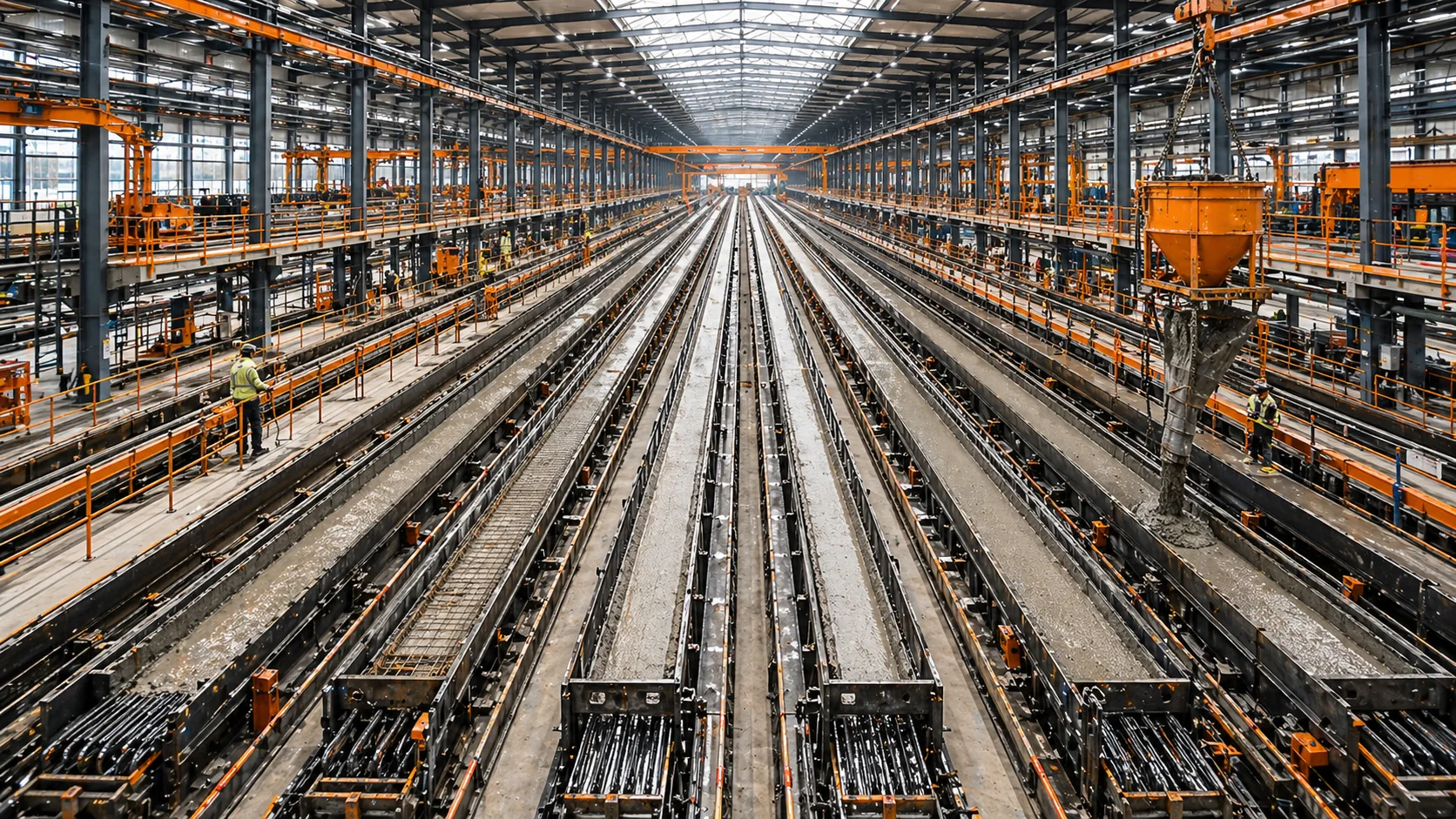 Overzicht van grote prefab-betonfabriek met gietbanen, bekisting en twee collega's aan het werk op de productievloer