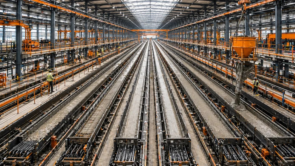 Overzicht van grote prefab-betonfabriek met gietbanen, bekisting en twee collega's aan het werk op de productievloer