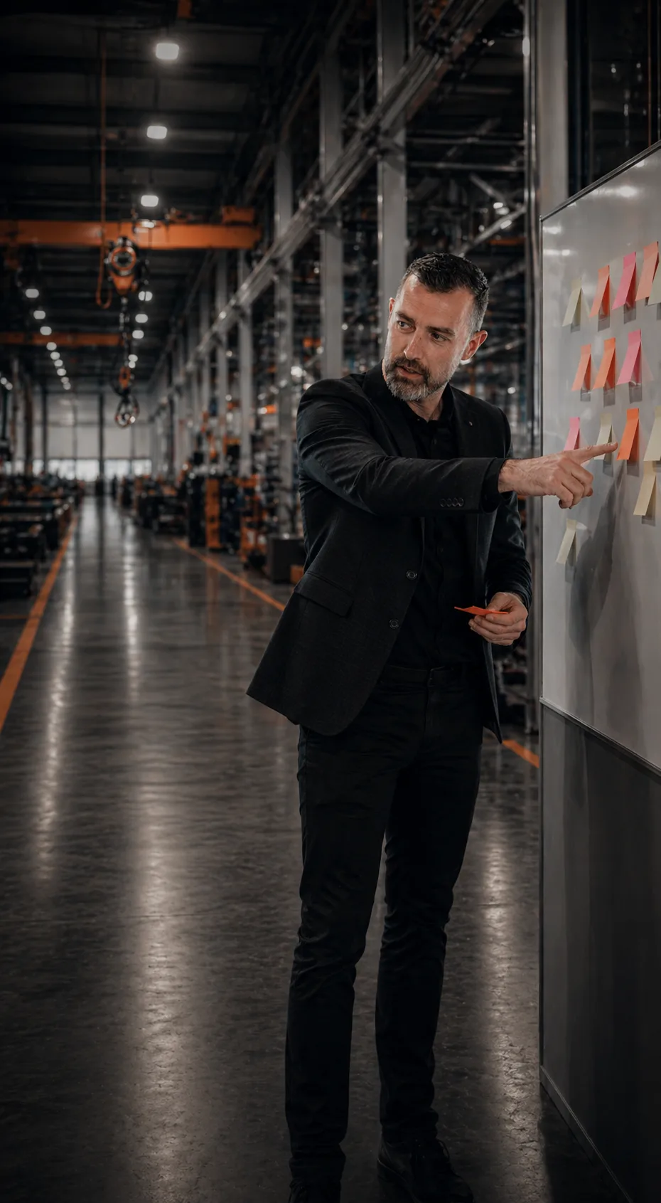Operations manager wijst naar een whiteboard vol post-its in een industriële productiehal