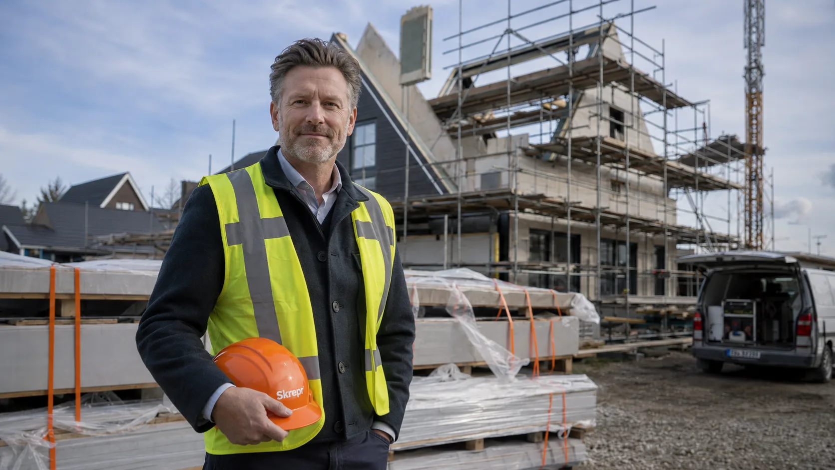 Directeur prefab-woningbouw in gesprek met klant op de bouwplaats