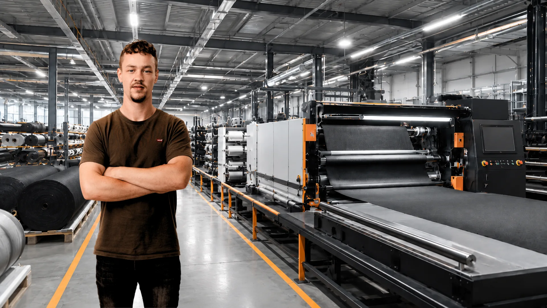 Teamlid staat zelfverzekerd voor een lopende textielmachine in een grote productiehal met rollen stof