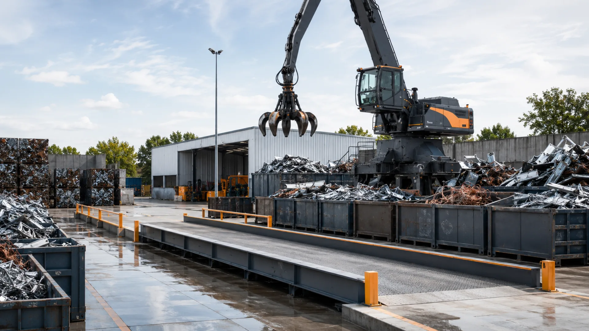 Grijpkraan op een metaalrecyclingbedrijf sorteert schroot in containers, klaar voor verwerking