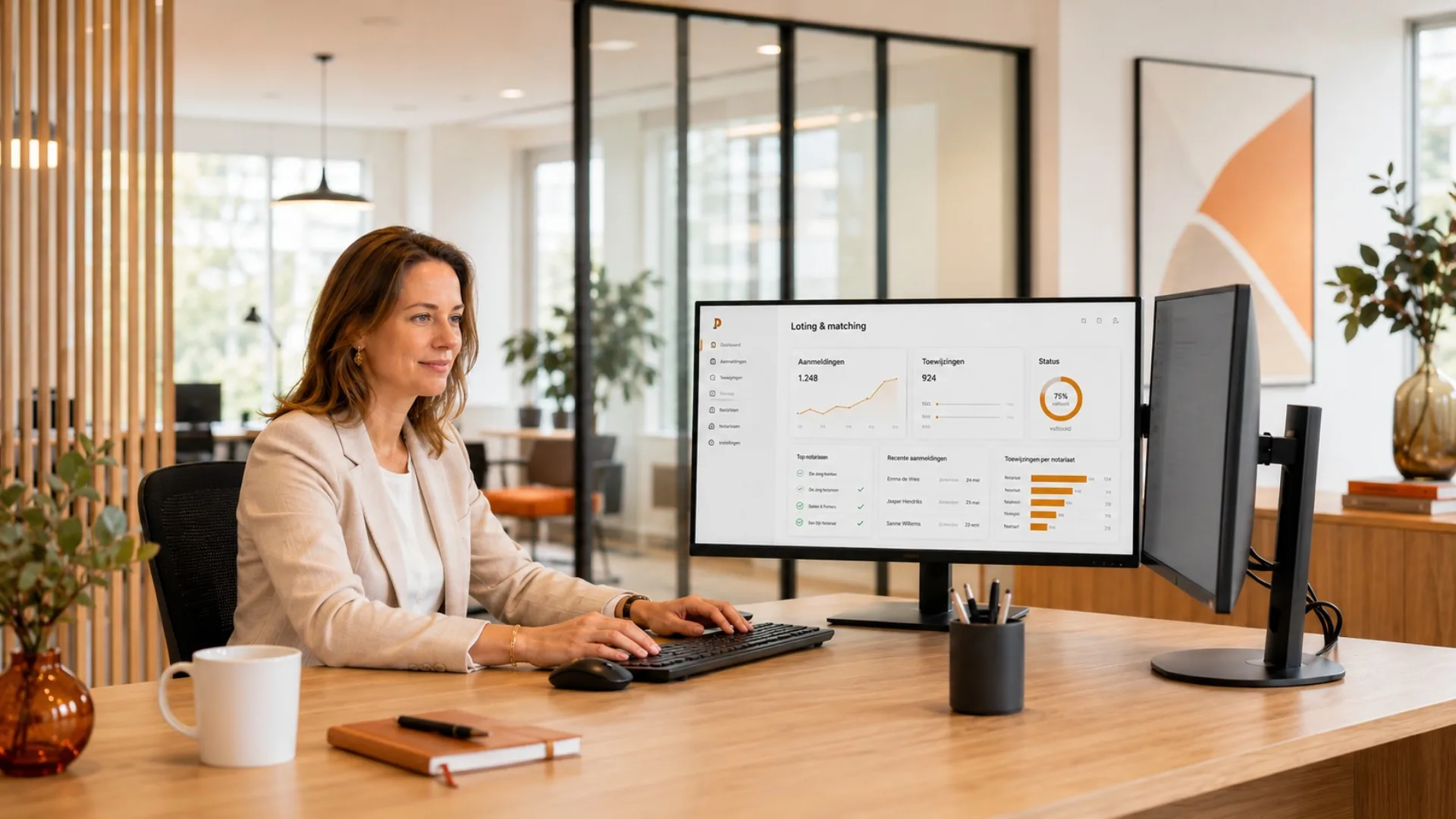 Operations manager werkt aan loting-en-matching-dashboard met aanmeldingen, toewijzingen en notaris-data