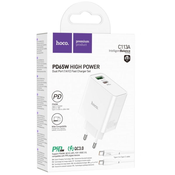 Hoco PD65W Type-C+USB QC3.0 Fast Charger (C113A) - Image 2