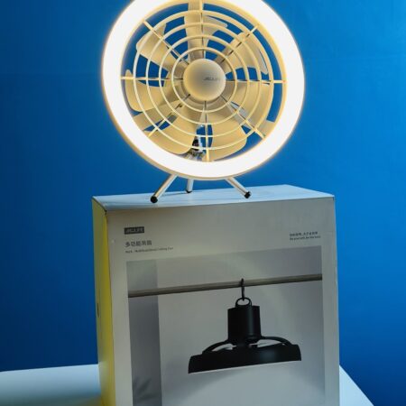 JISULIFE FA17 Rechargeable Fan with LED Ceiling Fan with Long Tripod Stand- White Color