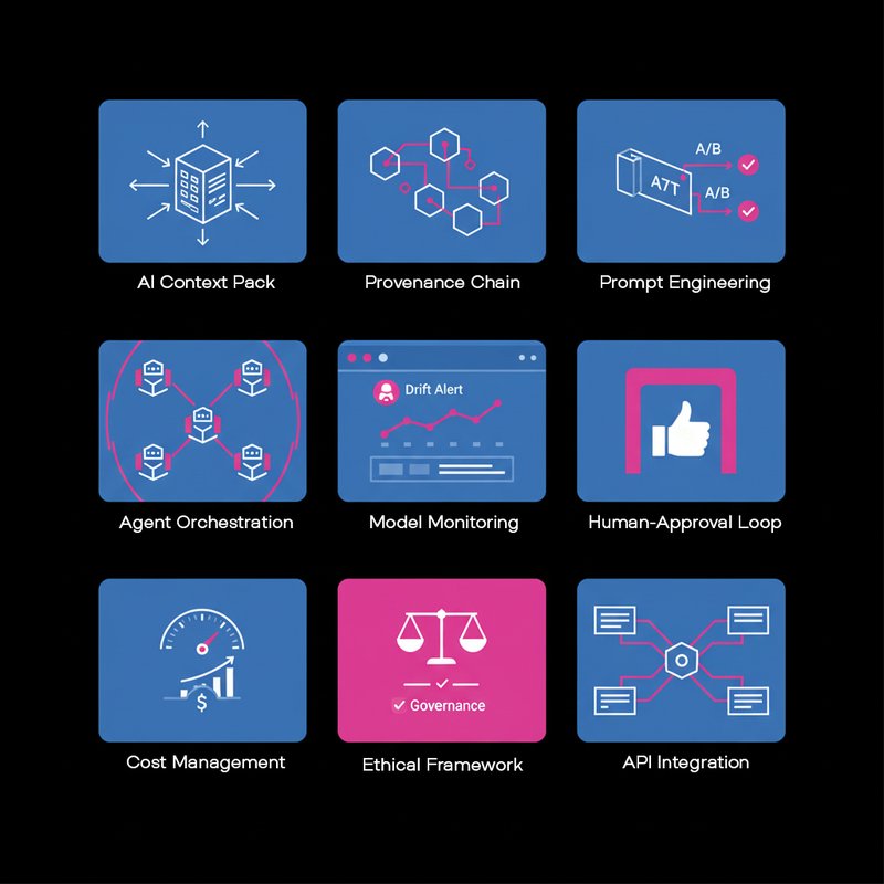 Vector art illustration showcasing AI implementation capabilities as organized feature modules