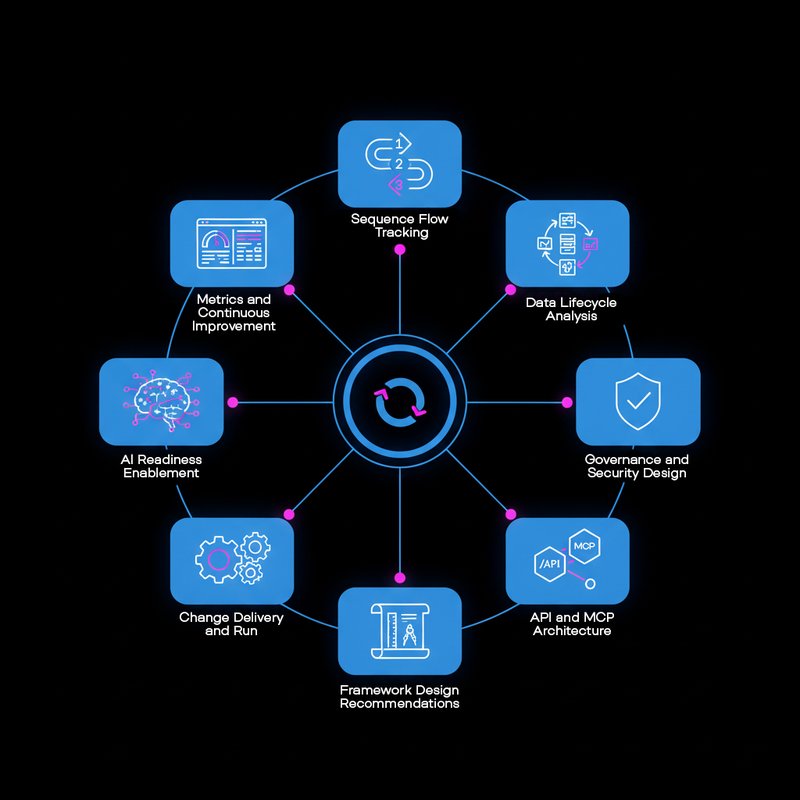 Vector art illustration showing a systematic framework with 8 interconnected components