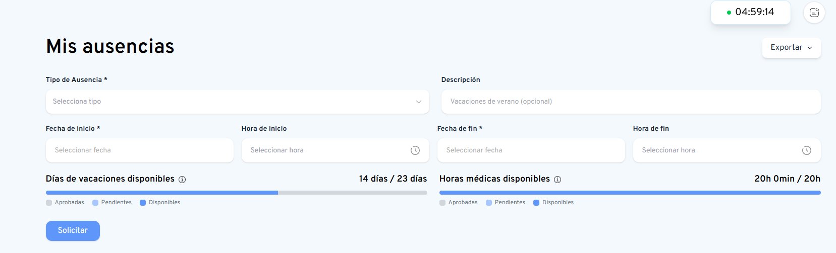 Captura de pantalla del software de vacaciones y ausencias de Sygna