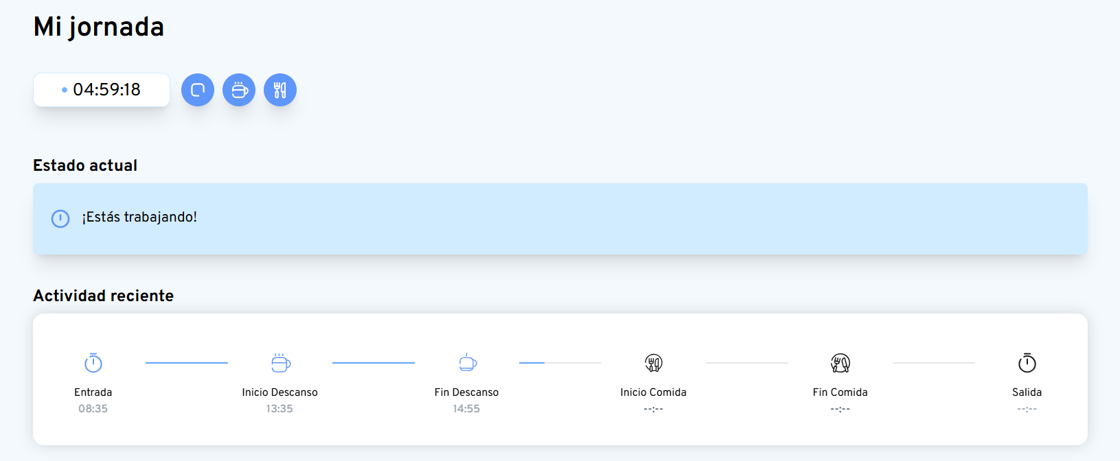 Portal del empleado de Sygna en el que se puede fichar y registrar descansos, pausas y horas de comida