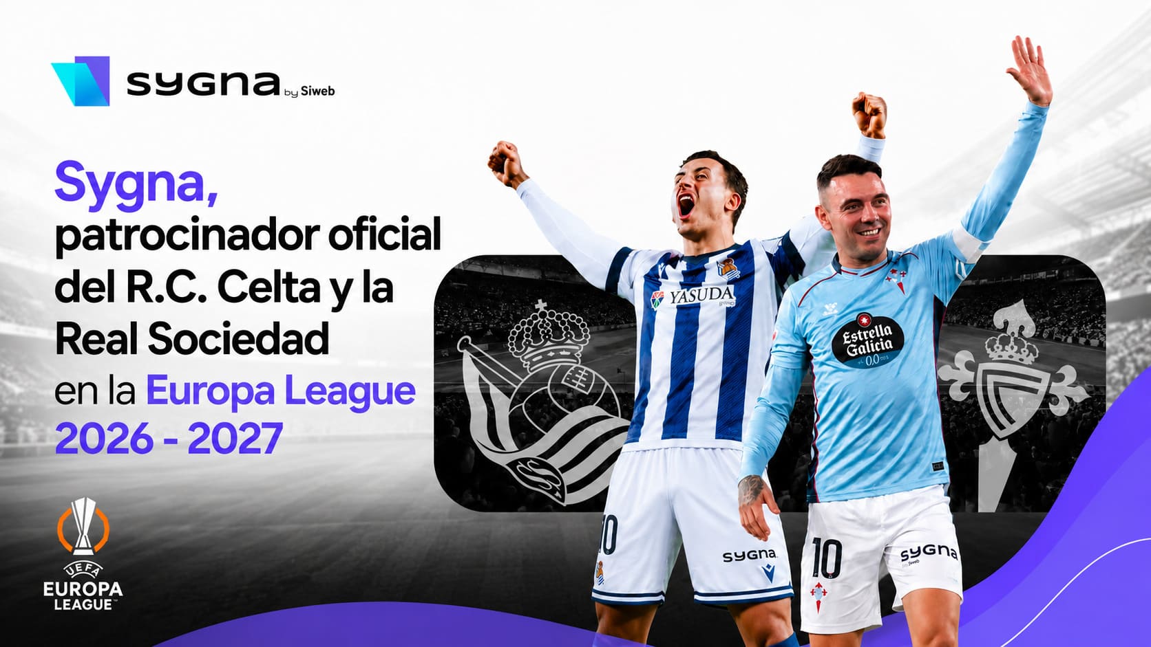 En la imagen aparecen los capitanes del Celta y La Real Sociedad con la publicidad de Sygna en el pantalón