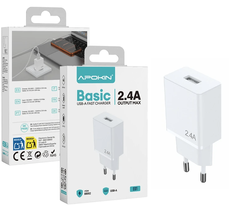 Cargador de Red Apokin USB-A 2.4A 12W Blanco