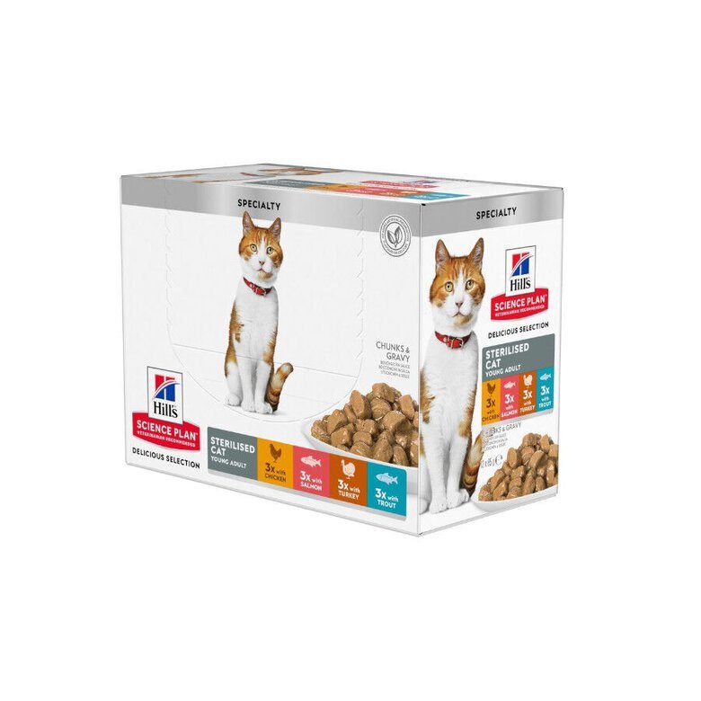 Hill's Science Plan Feline Sterilised Pollo, Salmón, Pavo y Trucha - Sobre 85g para Gatos Esterilizados