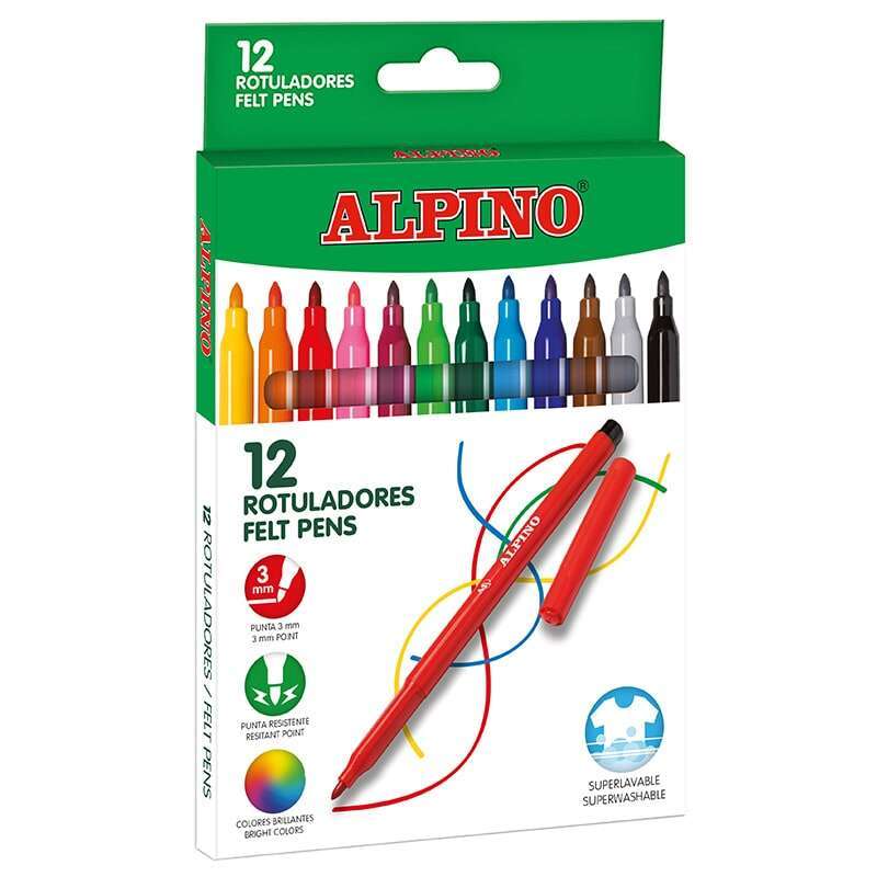 Alpino Pack con 12 Rotuladores de Colores - Punta de 3mm - Superlavables y Brillantes - Uso Escolar - Desarrolla la Creatividad - Colores Surtidos