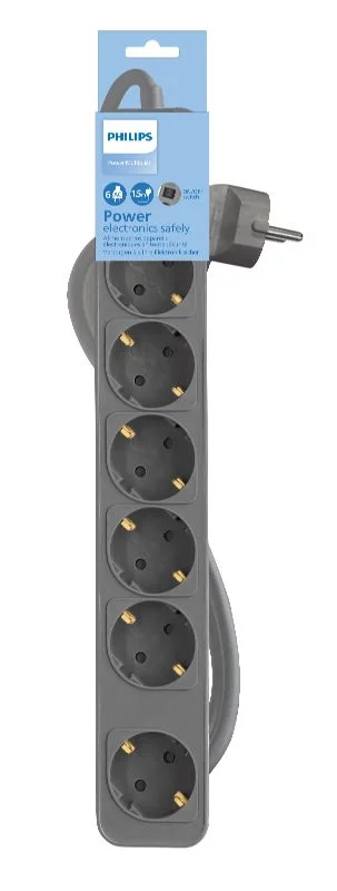 Base multiple philips 6 tomas con interruptor 1.5m - gris chp2164g/10