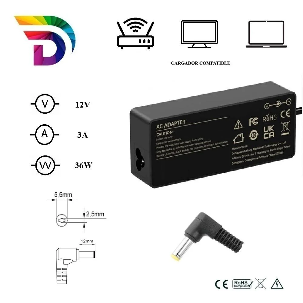 Cargador compatible universal para Router / LCD / Portátil 36W 12V 3A 5.5x2.5 mm Dayma Ref. CARG-134