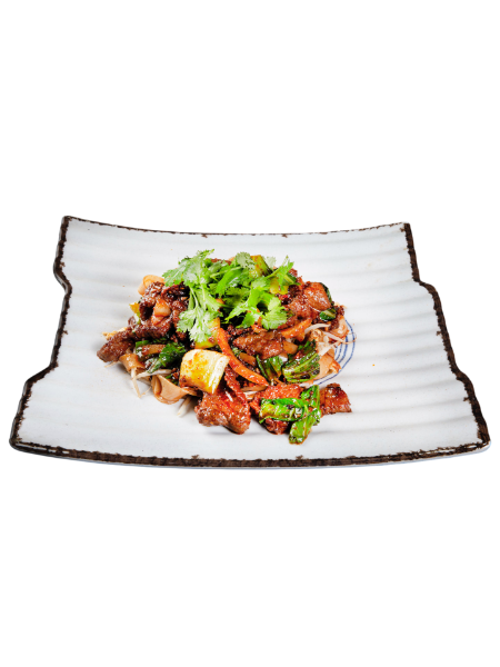 Pâtes de riz (nouilles) sautées au boeuf saté (épicé)