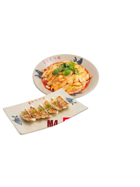 Steamed chicken in spicy sauce +Chicken potstickers