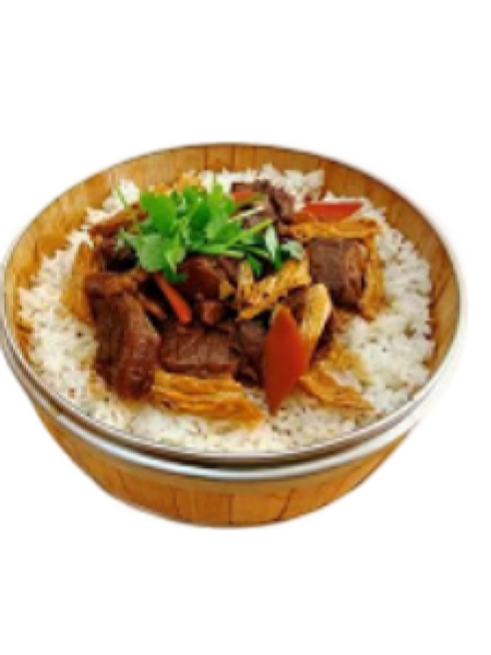 RIZ BŒUF MIJOTÉ AUX PEAUX DE TOFU 牛肉炖腐竹盖浇饭