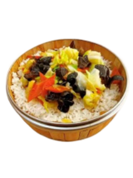 RIZ CHOU POINTU SAUTÉ AUX CHAMPIGNONS NOIRS 包菜木耳盖浇饭