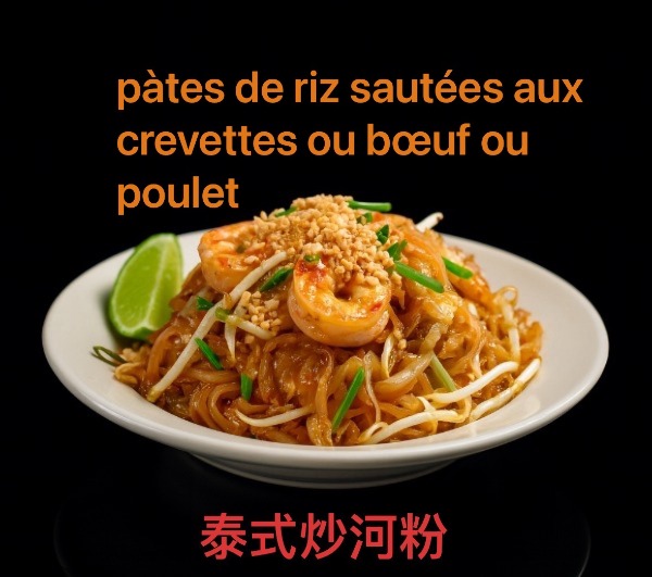 75. Pâtes de riz sautées aux crevettes ou boeuf ou poulet(Grand)