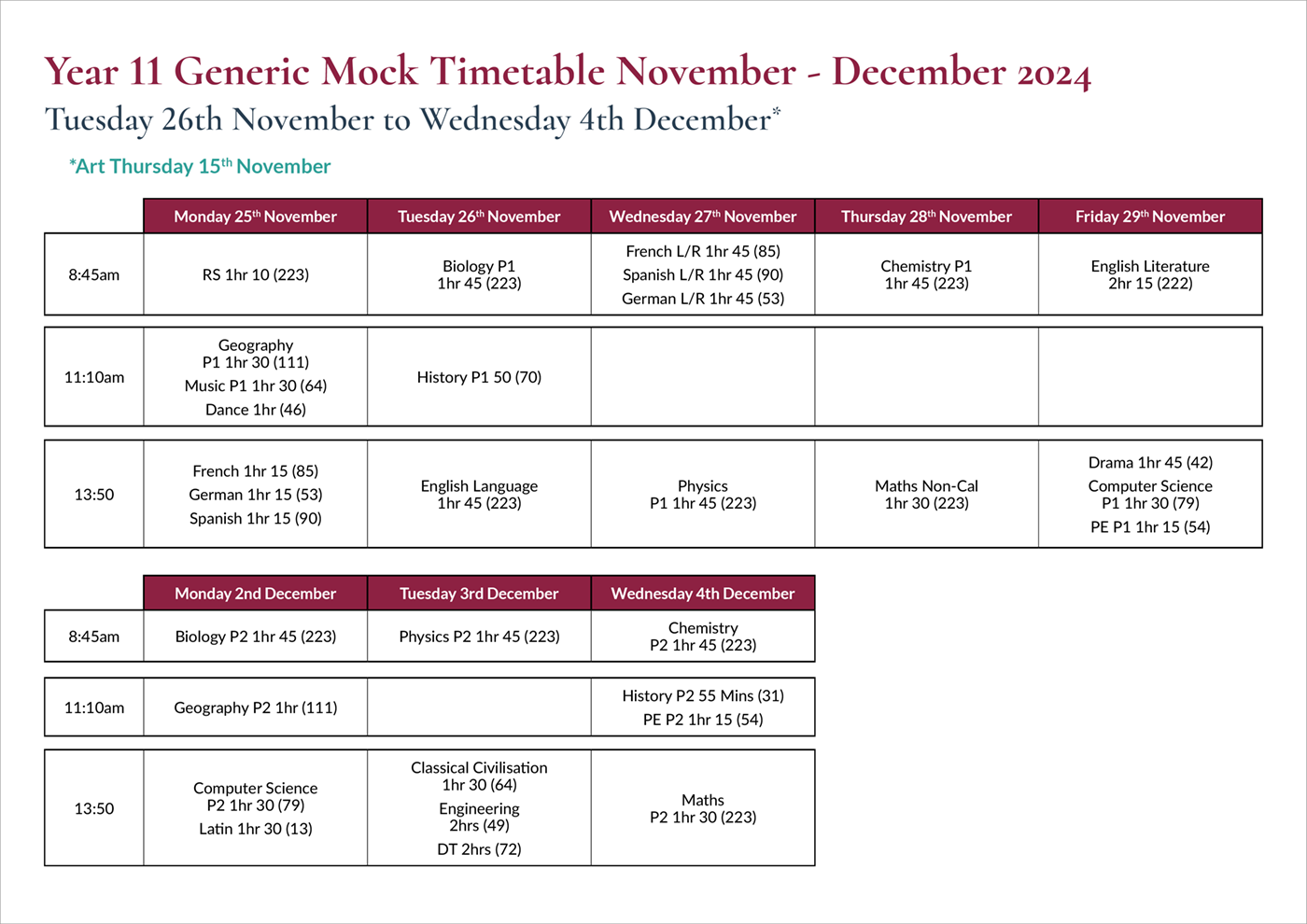 Year11 Mock Timetable November December 2024