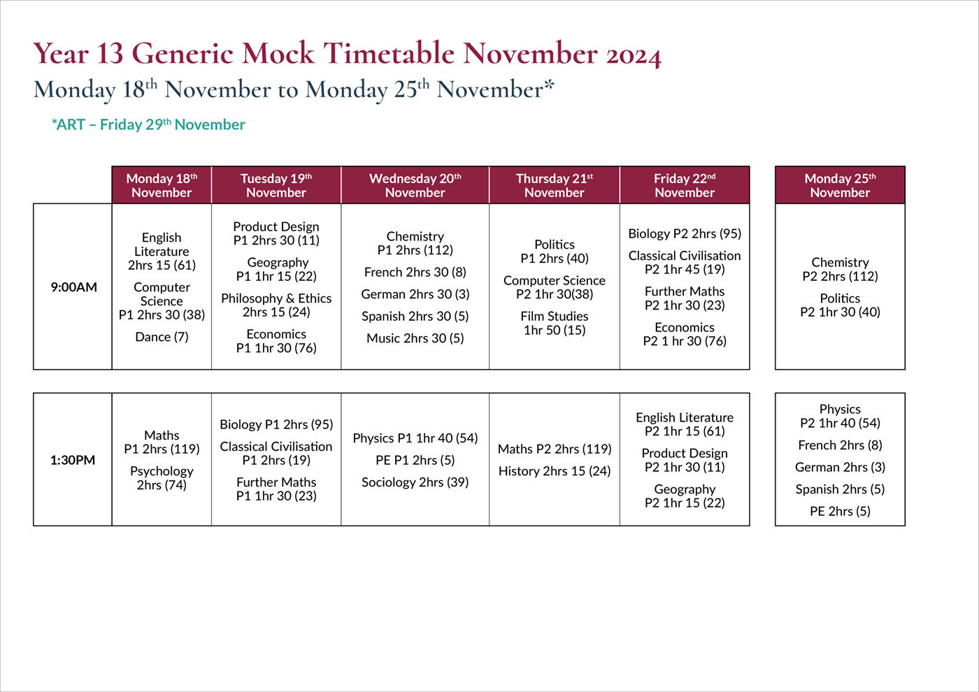 Year13 Mock Timetable November 2024