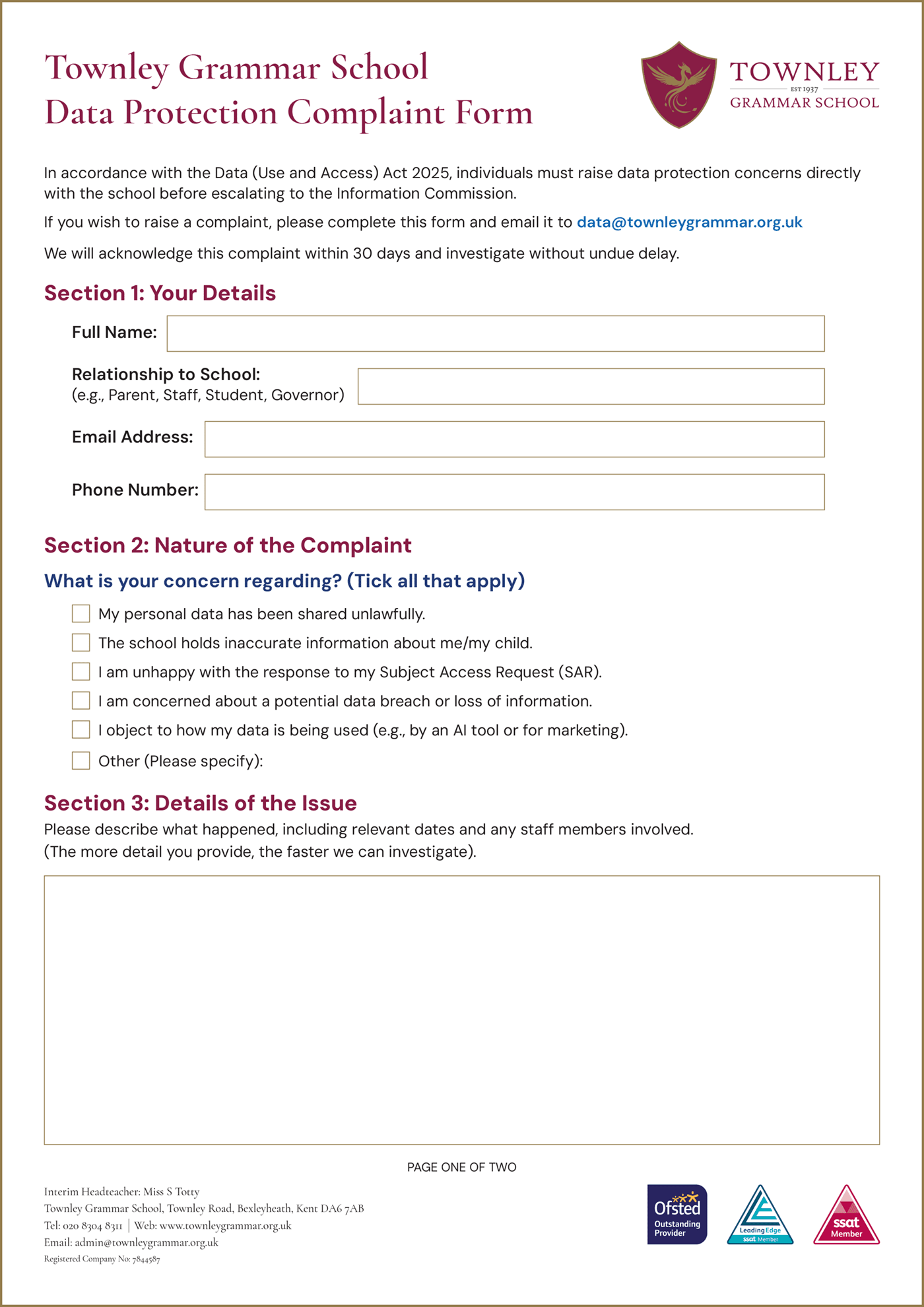 Townley Grammar School Data Complaint Form