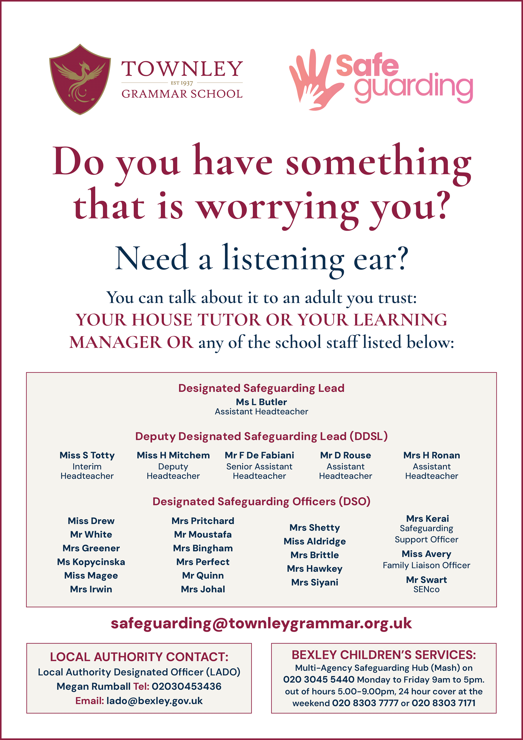 Safeguarding Poster for Townley Grammar School Students, with contact information when you need help and support for any issue