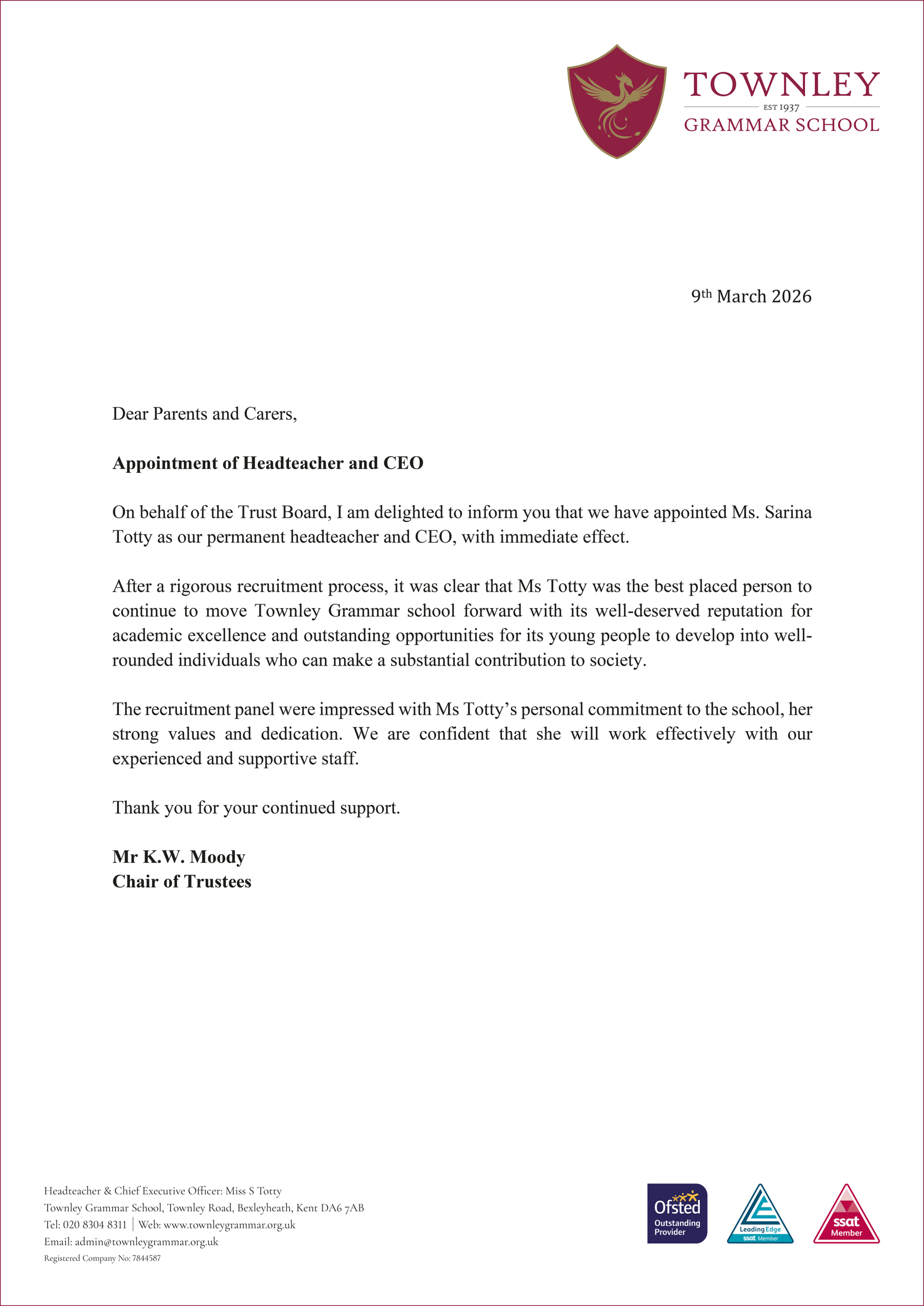 Appointment of Townley Grammar School Headteacher Monday 9th March 2026