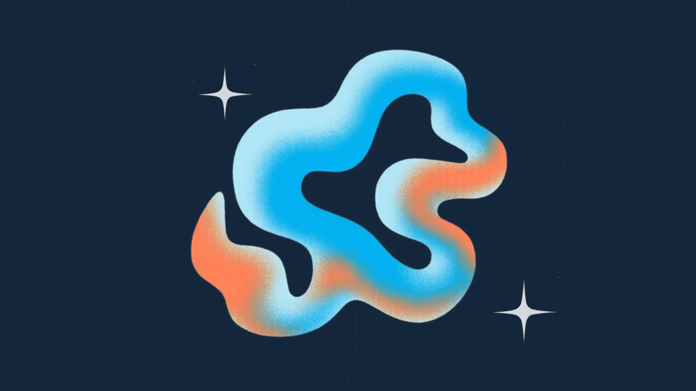 Abstract fluid shape in blue and orange on a dark background, symbolising AI innovation and emerging category leadership