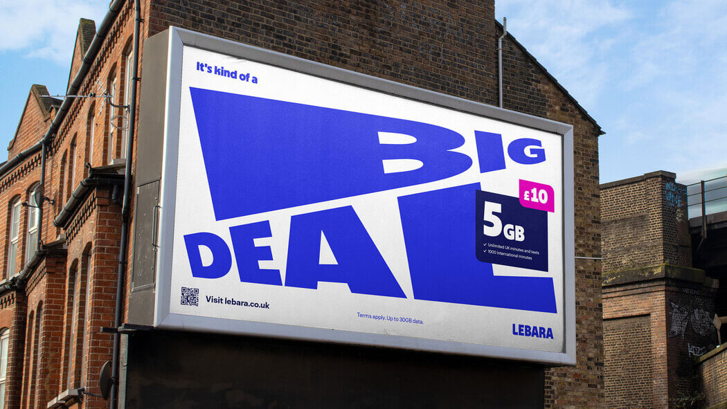 Lebara “BIG DEAL” campaign billboard promoting a £10 5GB mobile plan in bold blue typography