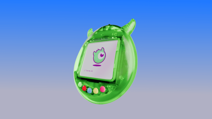 3D render of a green, retro-style digital pet device displaying the InboxMonster logo on its screen against a soft gradient background