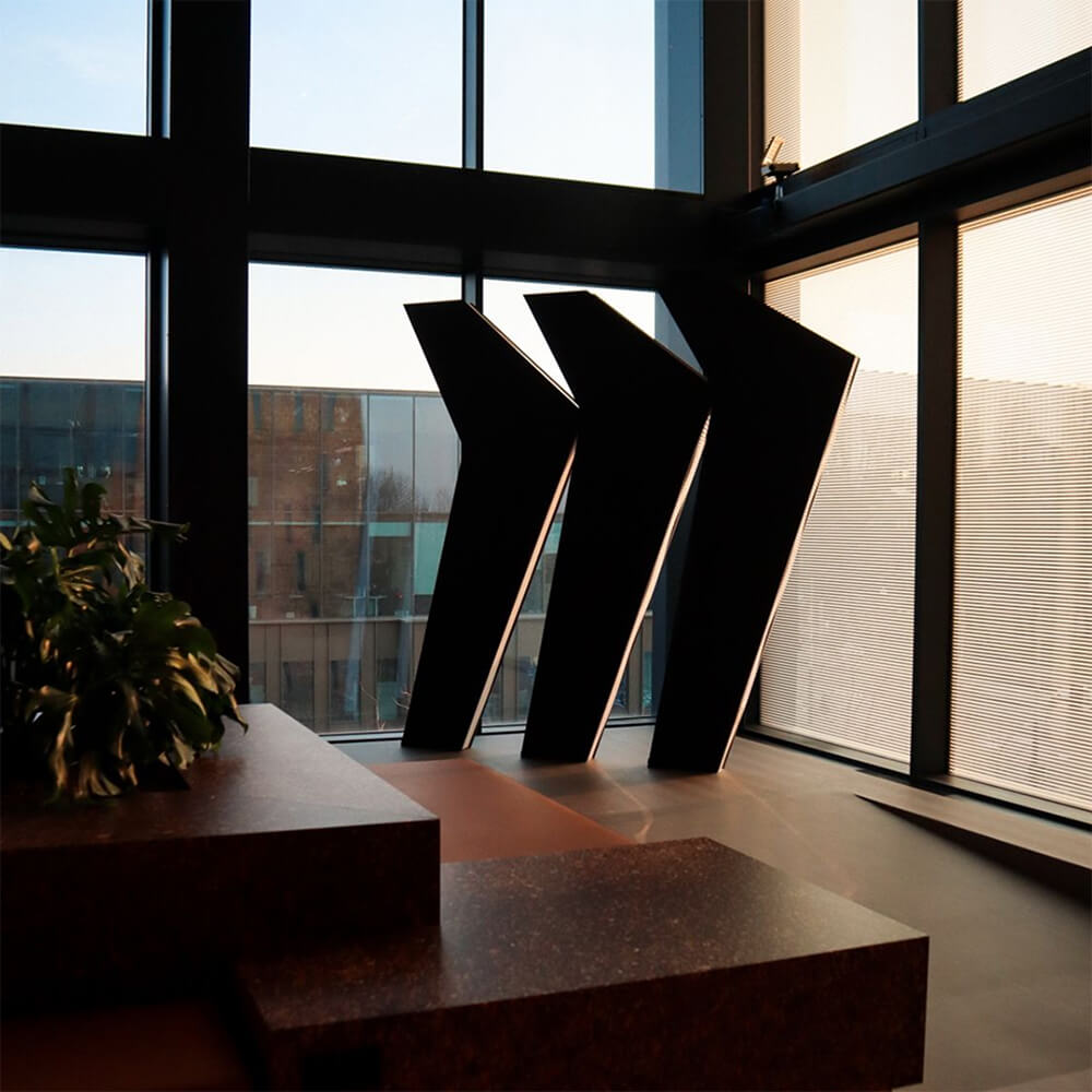 Sculptural “M” installation in Miro’s office interior