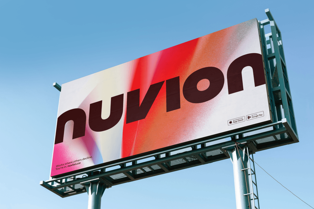 Nuvion billboard with bold logo on vibrant gradient background