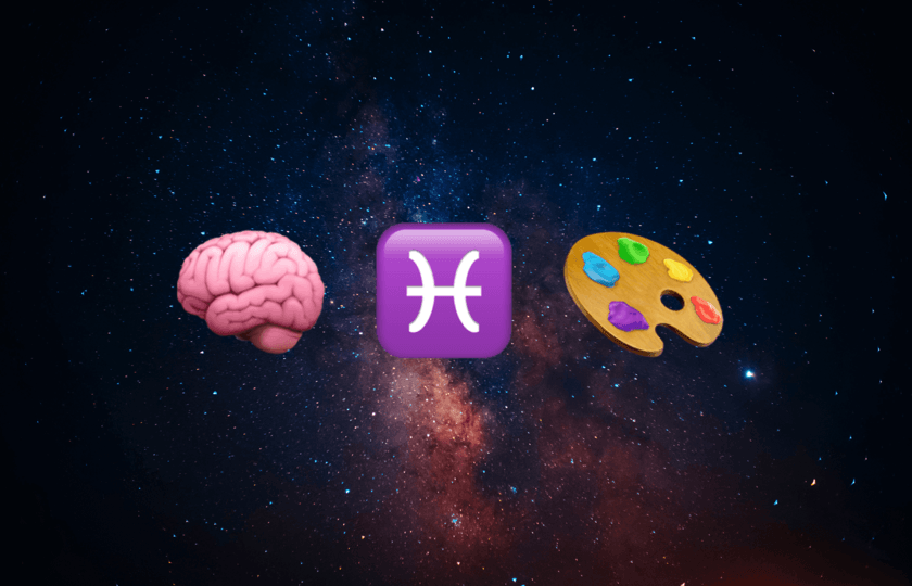 Brain, Pisces symbol and paint palette in space, symbolising mathematics versus mythology