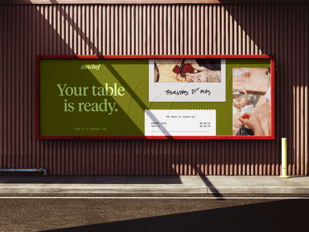 Outdoor Zenchef billboard reading “Your table is ready” with dining imagery and reservation details on a green background