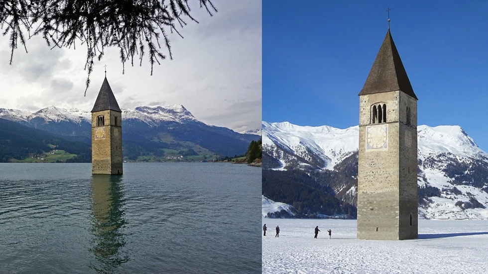 El campanario del pueblo sumergido del Lago Reschen
