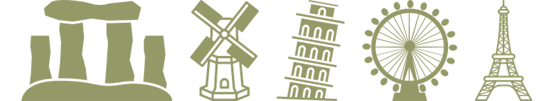 stone henge, dutch windmill, tower of pisa, london eye and eiffel tower icons used for scale, shown not to scale