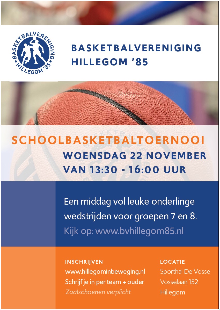 Flyer van het schoolbasketbaltoernooi op 22 november 2023