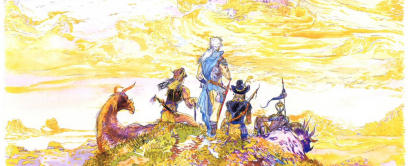 Concept art of a scene of the protagonists looking at a castle in the clouds from the video game Final Fantasy III by Yoshitaka Amano