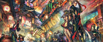 Concept art of a shopping district from the video game Final Fantasy XIV