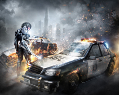 Artwork of Raiden and a cut police car for Metal Gear Rising: Revengeance