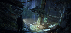 Concept art of an overgrown lobby in the outskirts for The Last of Us