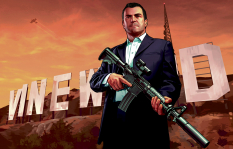 Concept art of Michael in fron of the Vinewood sign for Grand Theft Auto V