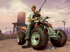 Concept art of Trevor sitting on his quad with a rifle for Grand Theft Auto V