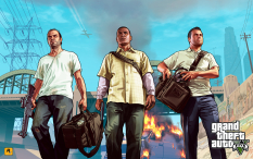 Concept art of Trevor, Franklin and Michael walking away from the chaos for Grand Theft Auto V