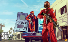 Concept art of 2 robbers in overalls, masks and rifles for Grand Theft Auto V