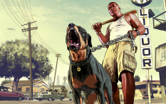 Concept art of Franklin with a dog on a leash for Grand Theft Auto V